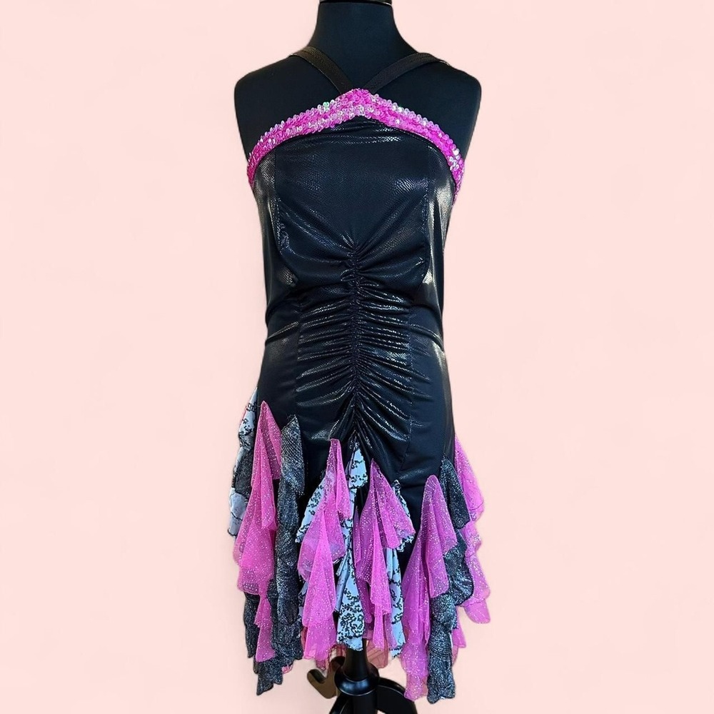 Vintage‎ Custom Sequin Burlesque Ruffle Dress Asymmetric L Y2K Dance Whimsygoth